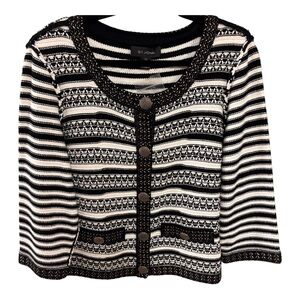NWT St. John Black & White w Gold Touch Knit Platinum Color Button-Up Sweater